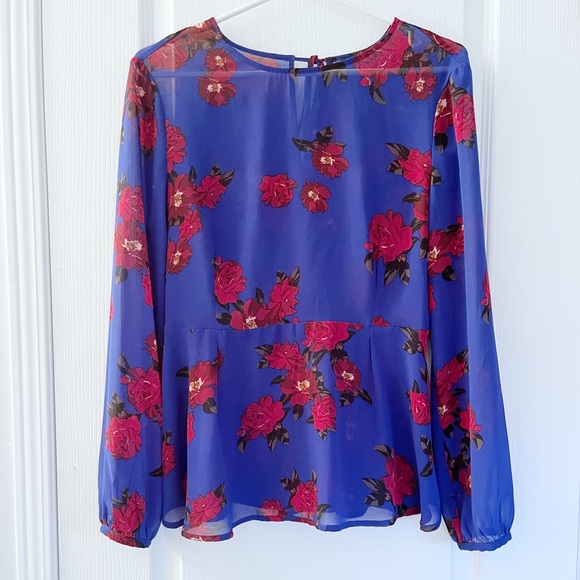 Dynamite Blue Floral Sheer Peplum Long sleeve Top - Picture 1 of 2